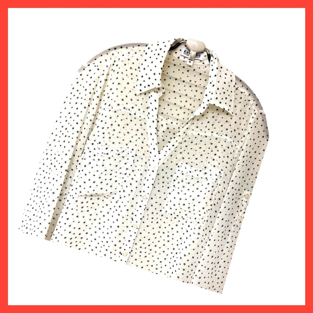 Express Portofino Sheer Shirt Blouse Celestial Stars Roll Tab Womens XS S